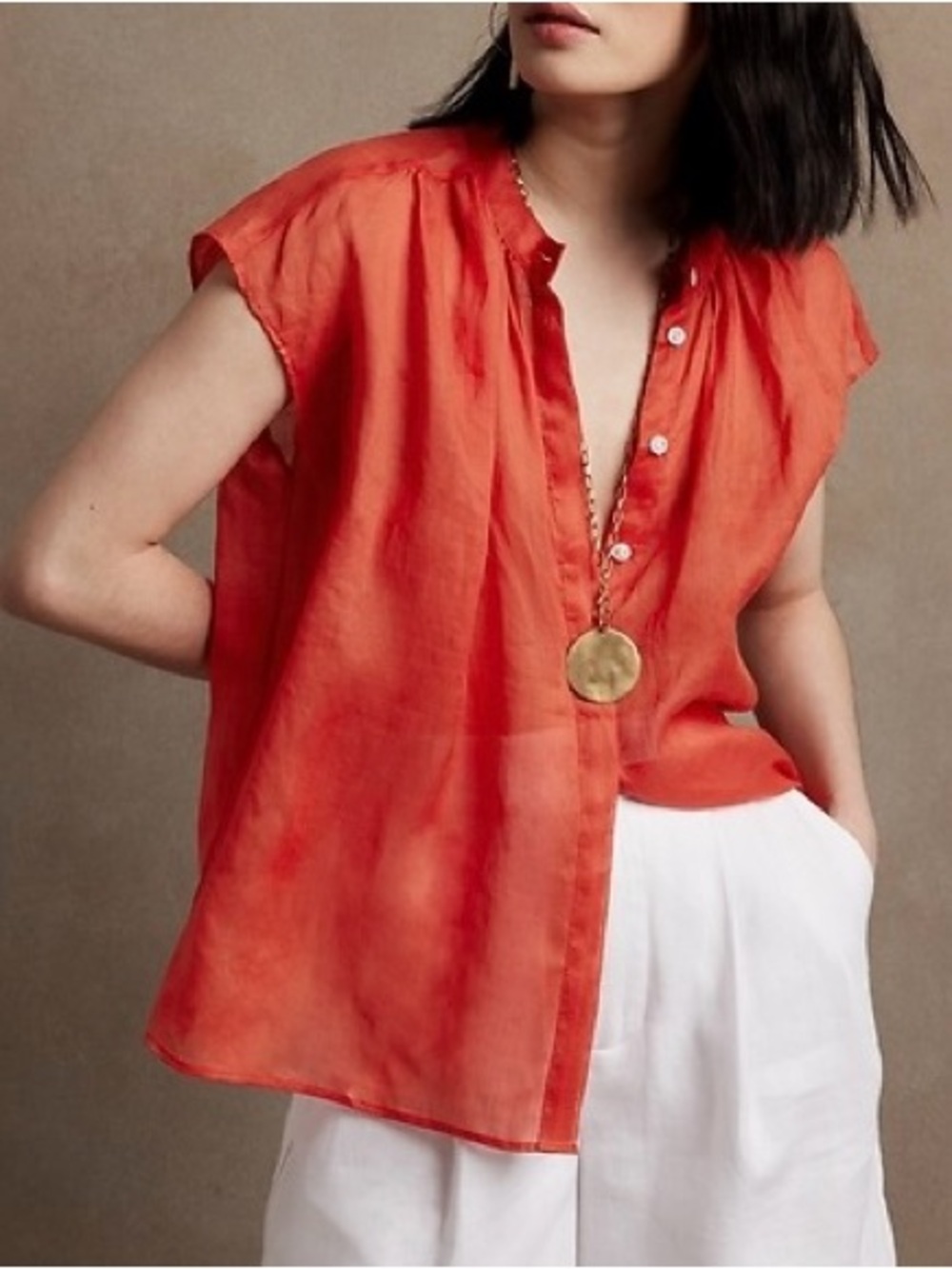 Red Banana Republic Oversized Ramie Semi-Sheer Top - Large Tall